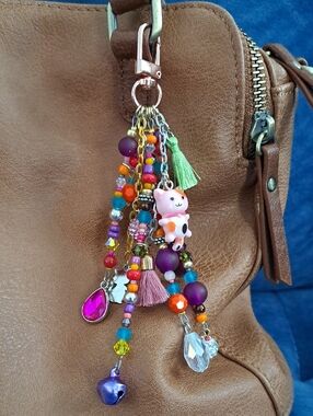 HANDMADE PURSE/BAG CHARM One Of A Kind Beaded Charm In Purples And Brights, 5.5"